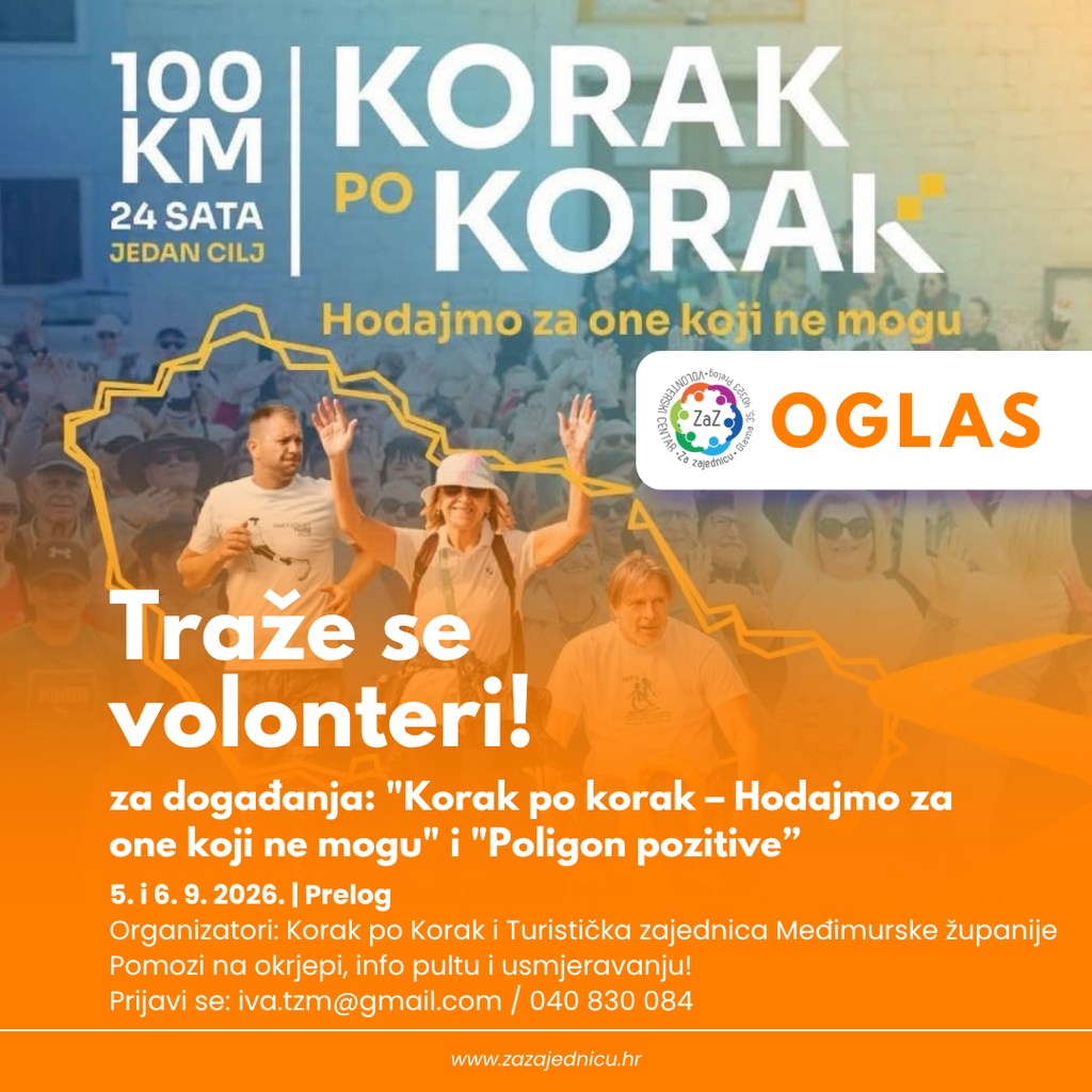 OGLAS – Traže se volonteri za događanja „Korak po korak – Hodajmo za one koji ne mogu“ i „Poligon pozitive“! hodajmo za one koji ne mogu oglas volonteri